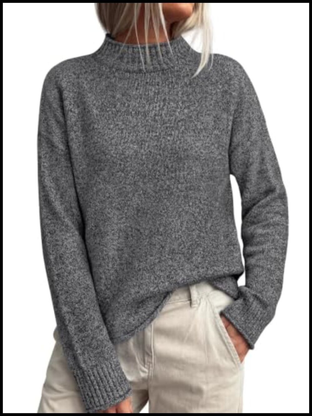 Mock Neck Ribbed Knit Cotton Sweater Women Loose Fit Long Sleeve